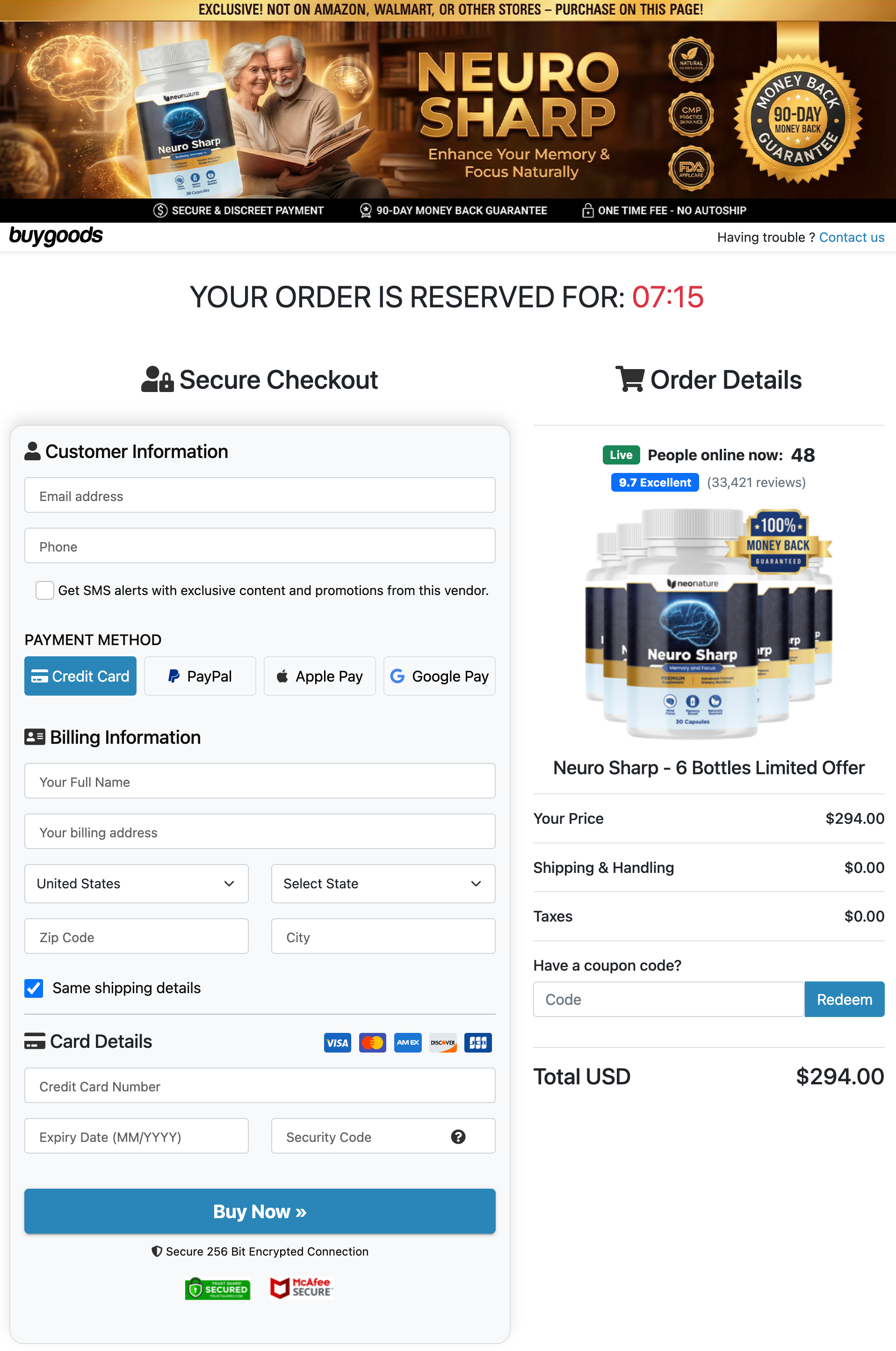 Neuro Sharp secure checkout page screenshot